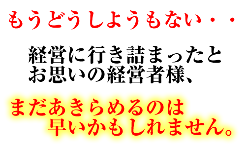もうどうしようもない・・・経営に行き詰まったとお思いの経営者様、あきらめるのはまだ早いかもしれません。